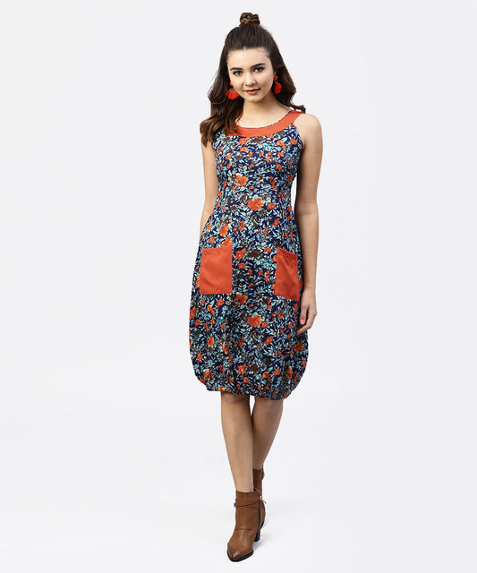 Women's Navy Blue Printed Ballon Dress With Roud Neck And Front Patch Pocket