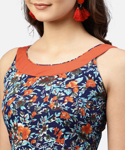 Women's Navy Blue Printed Ballon Dress With Roud Neck And Front Patch Pocket
