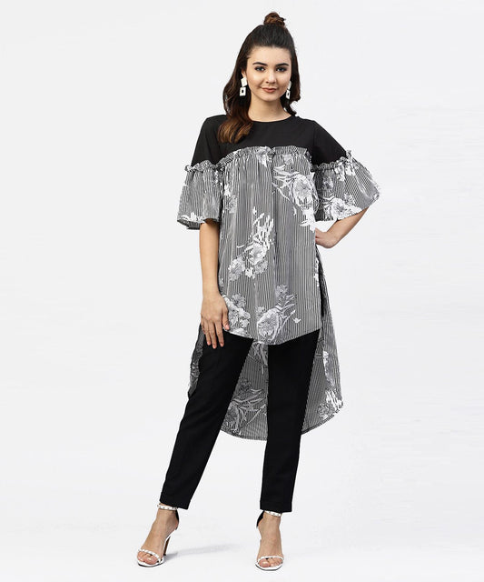 Women's Black & White Striped Dress With Round Neck