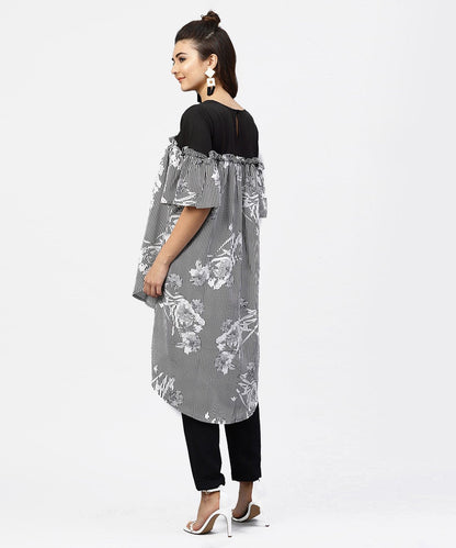 Women's Black & White Striped Dress With Round Neck