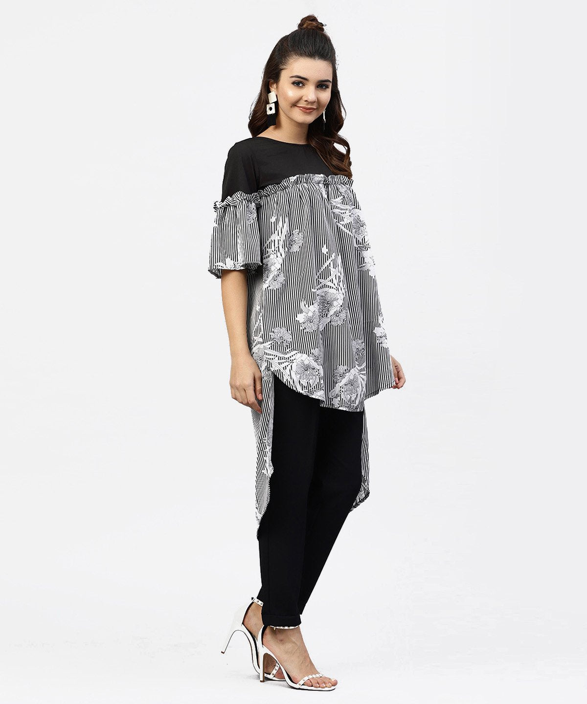 Women's Black & White Striped Dress With Round Neck