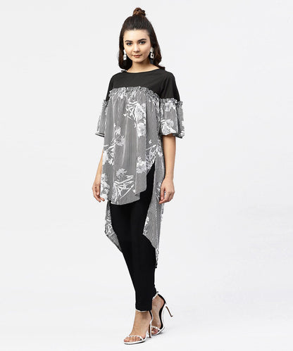 Women's Black & White Striped Dress With Round Neck