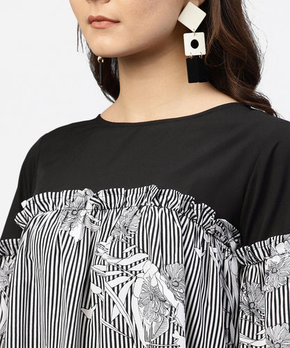 Women's Black & White Striped Dress With Round Neck