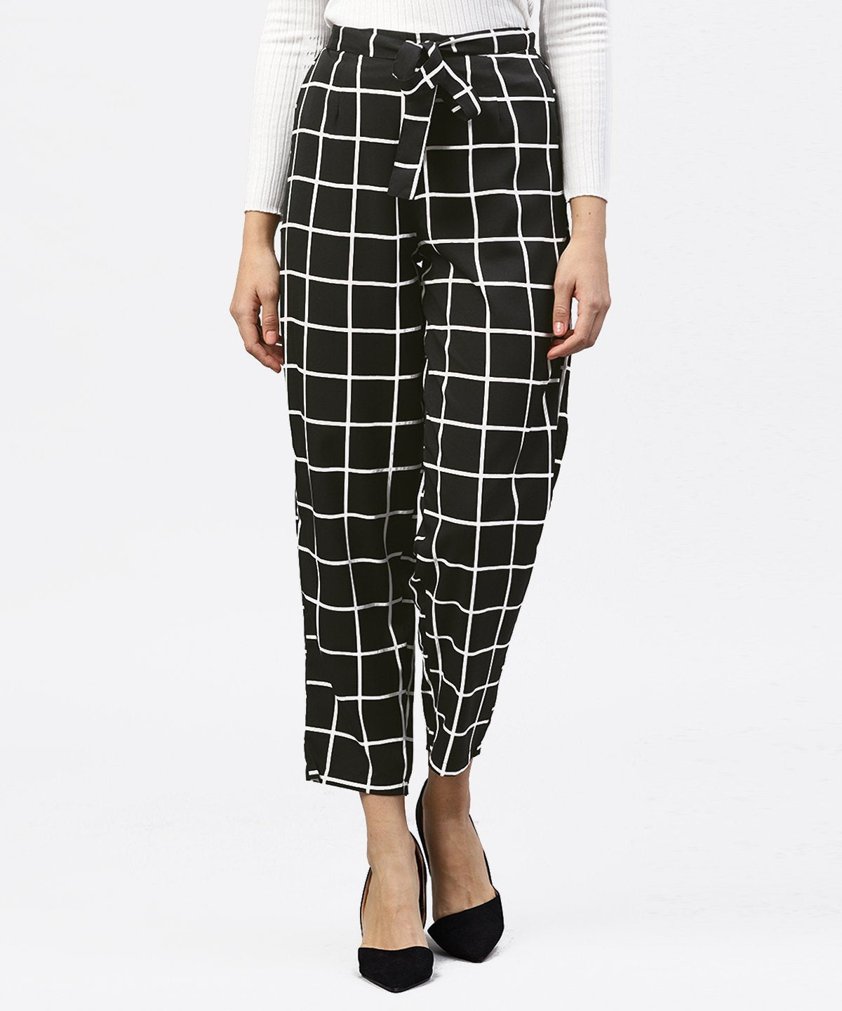 Women's Black & White Checked Trouser With Side Pockets