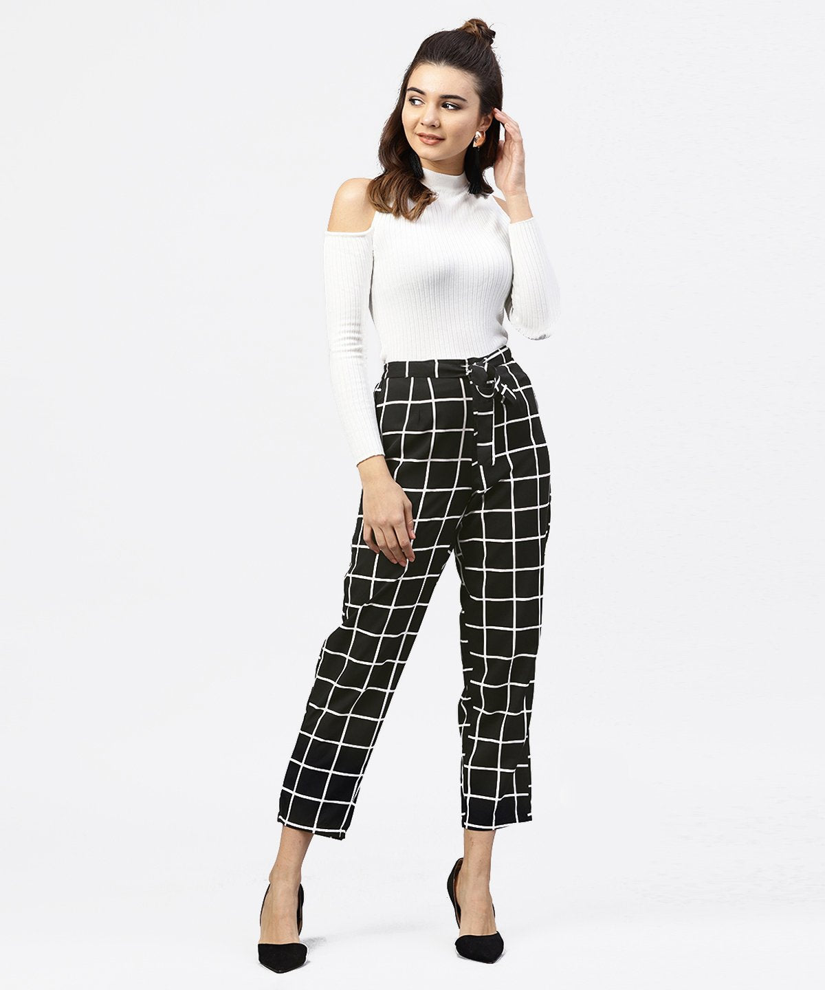 Women's Black & White Checked Trouser With Side Pockets