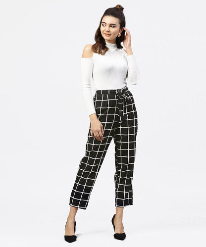 Women's Black & White Checked Trouser With Side Pockets