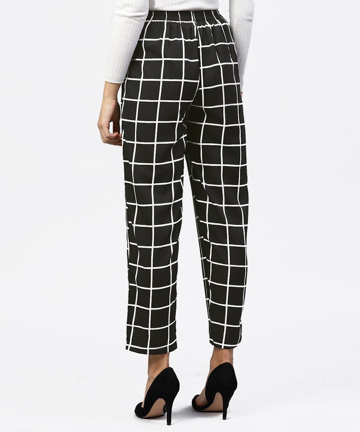 Women's Black & White Checked Trouser With Side Pockets