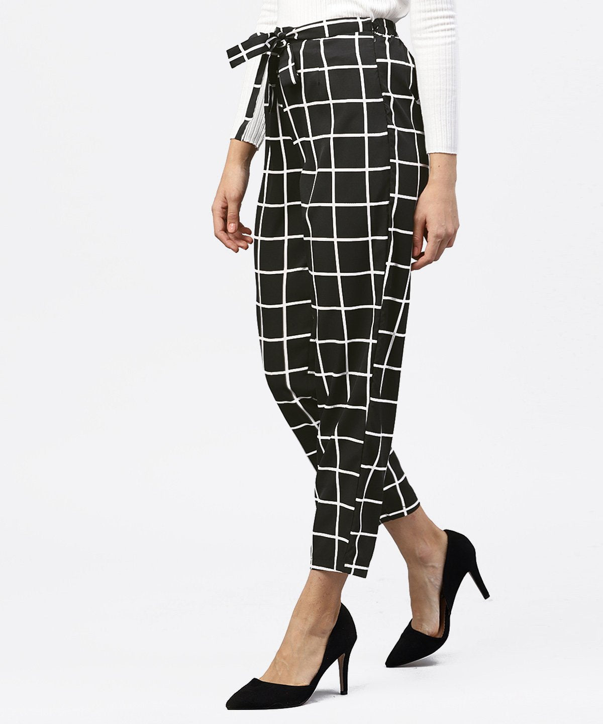 Women's Black & White Checked Trouser With Side Pockets