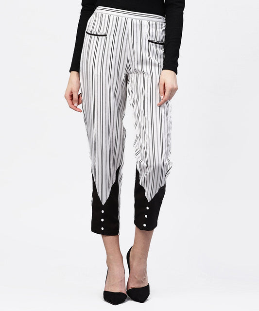 Women's Black And White Striped Trouser With Pockets