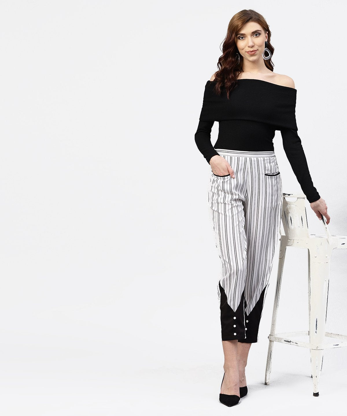 Women's Black And White Striped Trouser With Pockets