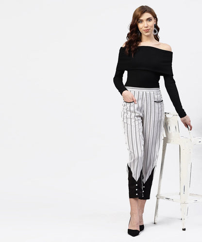 Women's Black And White Striped Trouser With Pockets