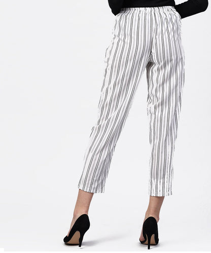 Women's Black And White Striped Trouser With Pockets