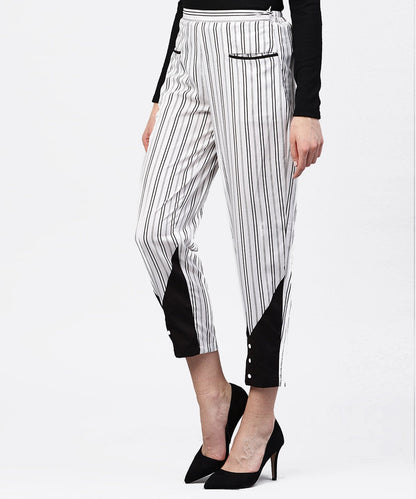 Women's Black And White Striped Trouser With Pockets