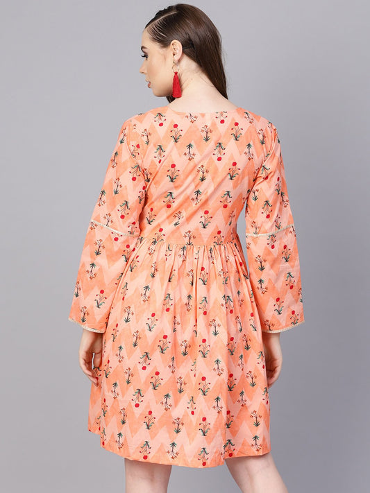 Women's Peach Full Sleeve Cotton A-Line Dress