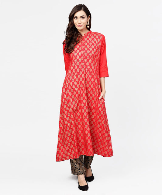 Women's Red Printed 3/4Th Sleeve Cotton Anarkali Kurta With Brown Printed Ankle Length Palazzo