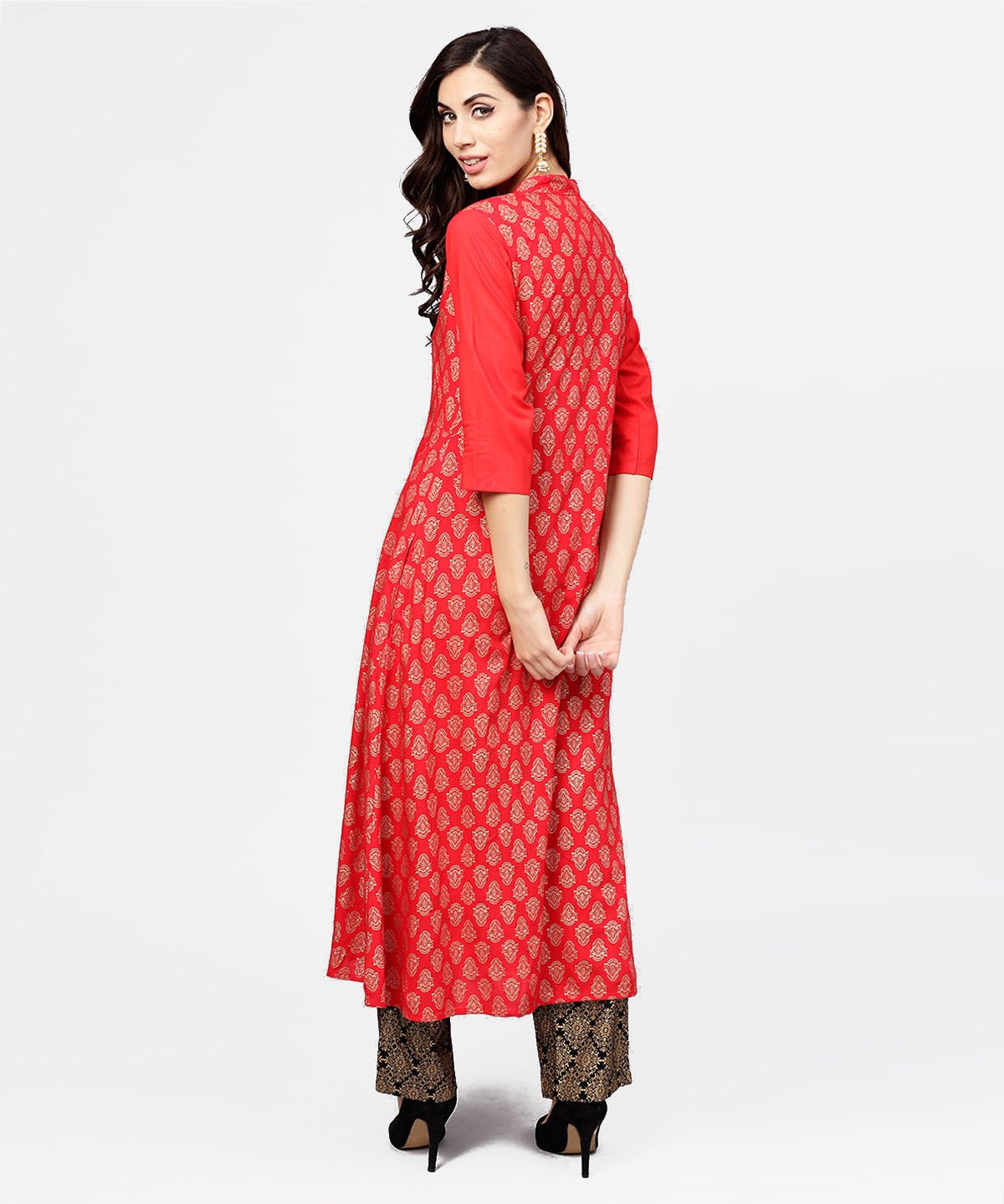 Women's Red Printed 3/4Th Sleeve Cotton Anarkali Kurta With Brown Printed Ankle Length Palazzo