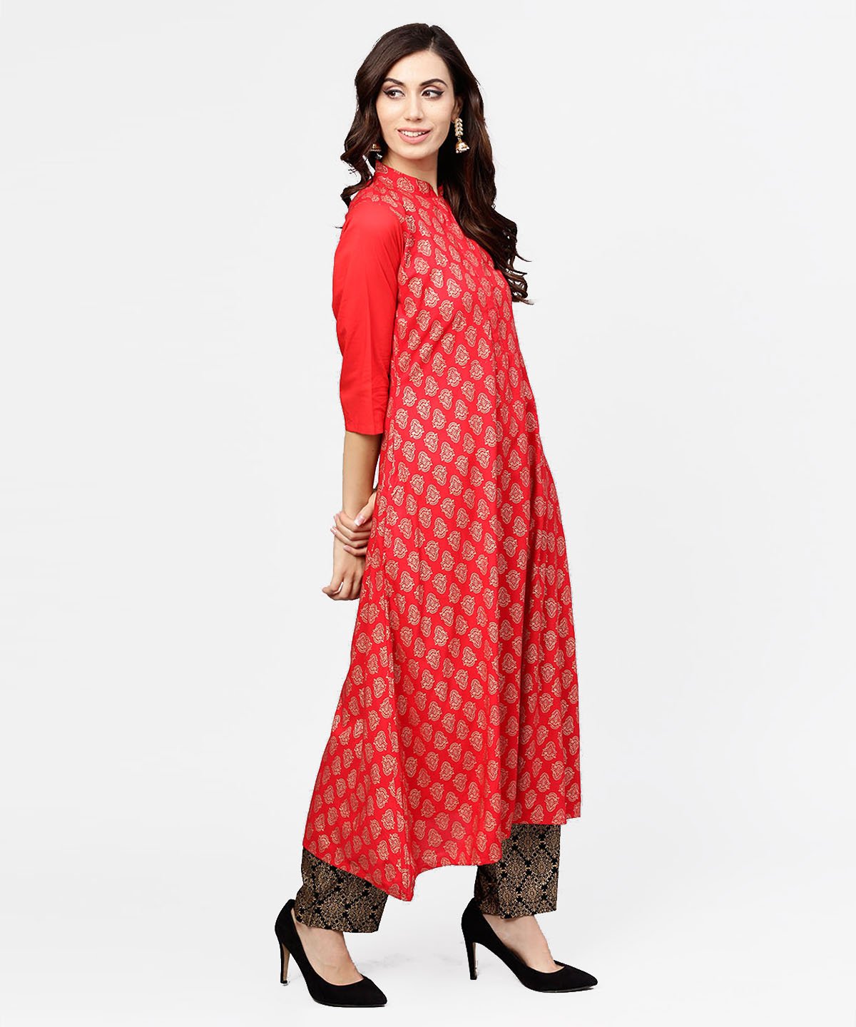 Women's Red Printed 3/4Th Sleeve Cotton Anarkali Kurta With Brown Printed Ankle Length Palazzo