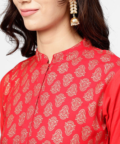 Women's Red Printed 3/4Th Sleeve Cotton Anarkali Kurta With Brown Printed Ankle Length Palazzo