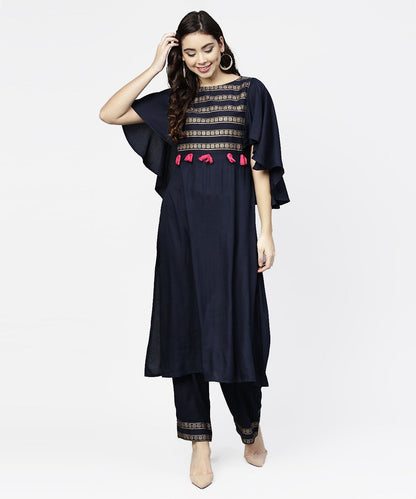Women's Navy Blue Yoke Printed 3/4Th Sleeve Cotton Yoke Printed Kurta With Ankle Length Palazzo