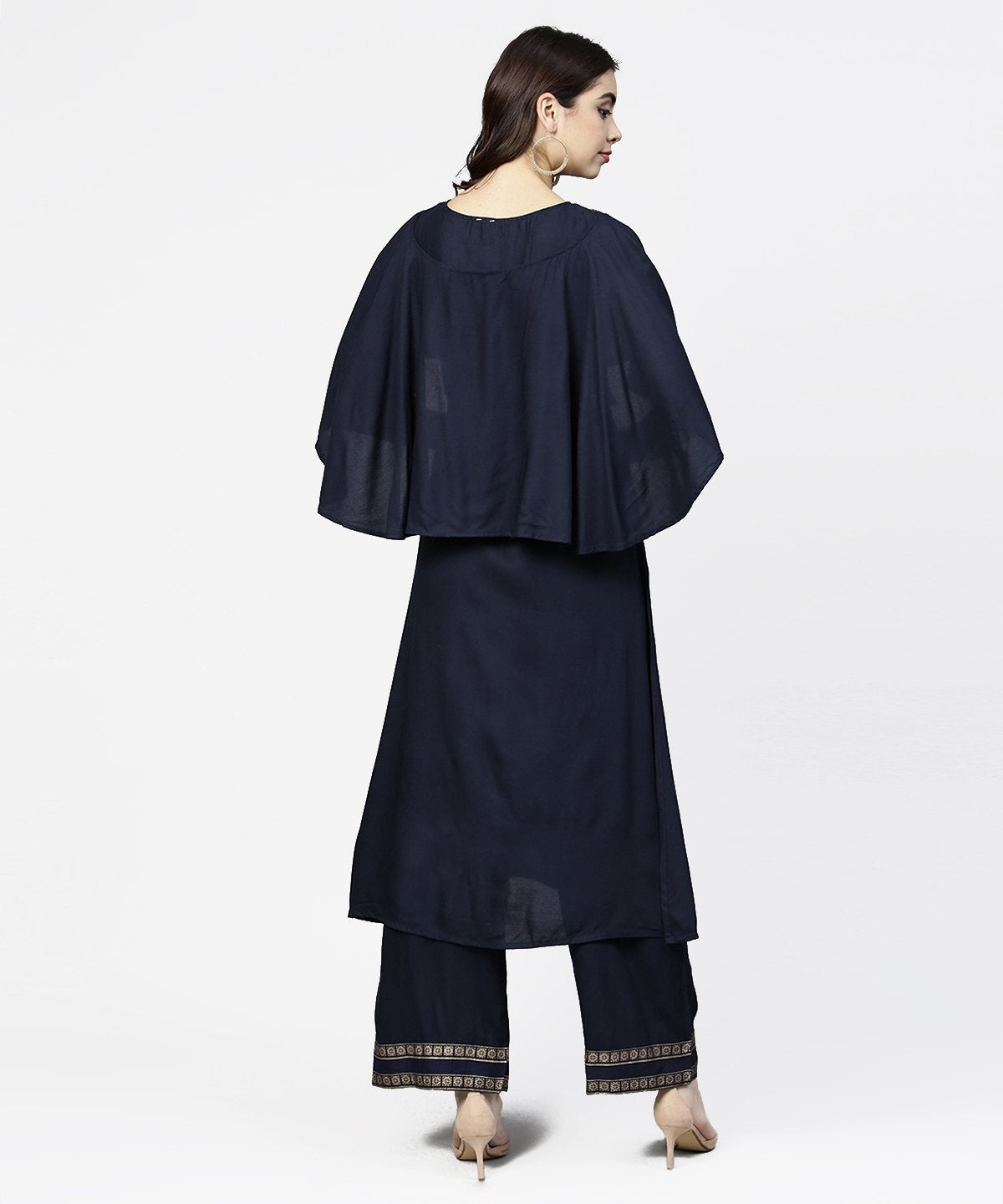 Women's Navy Blue Yoke Printed 3/4Th Sleeve Cotton Yoke Printed Kurta With Ankle Length Palazzo