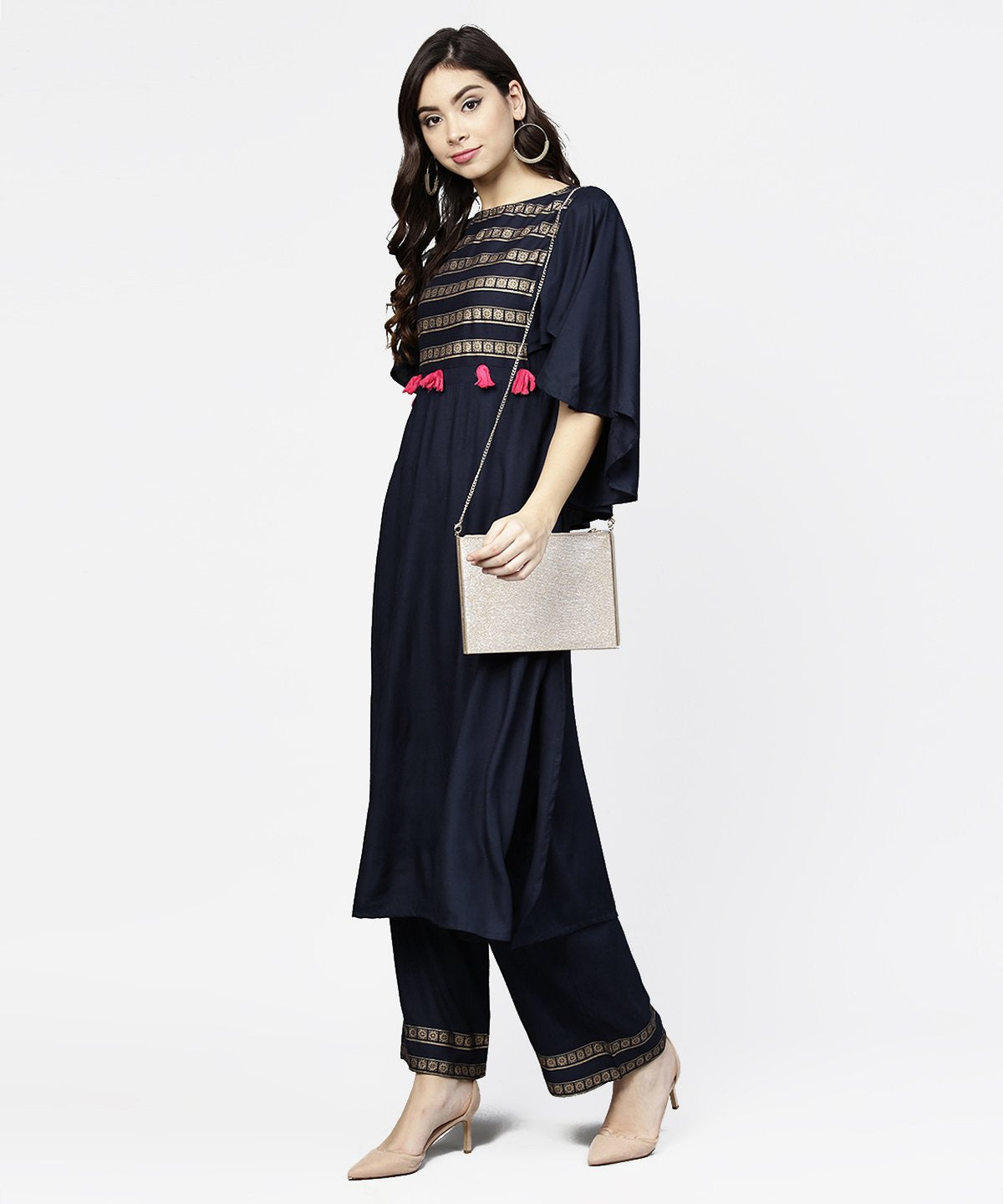 Women's Navy Blue Yoke Printed 3/4Th Sleeve Cotton Yoke Printed Kurta With Ankle Length Palazzo
