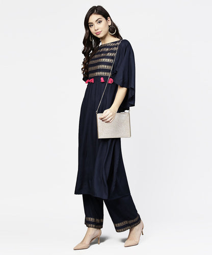 Women's Navy Blue Yoke Printed 3/4Th Sleeve Cotton Yoke Printed Kurta With Ankle Length Palazzo