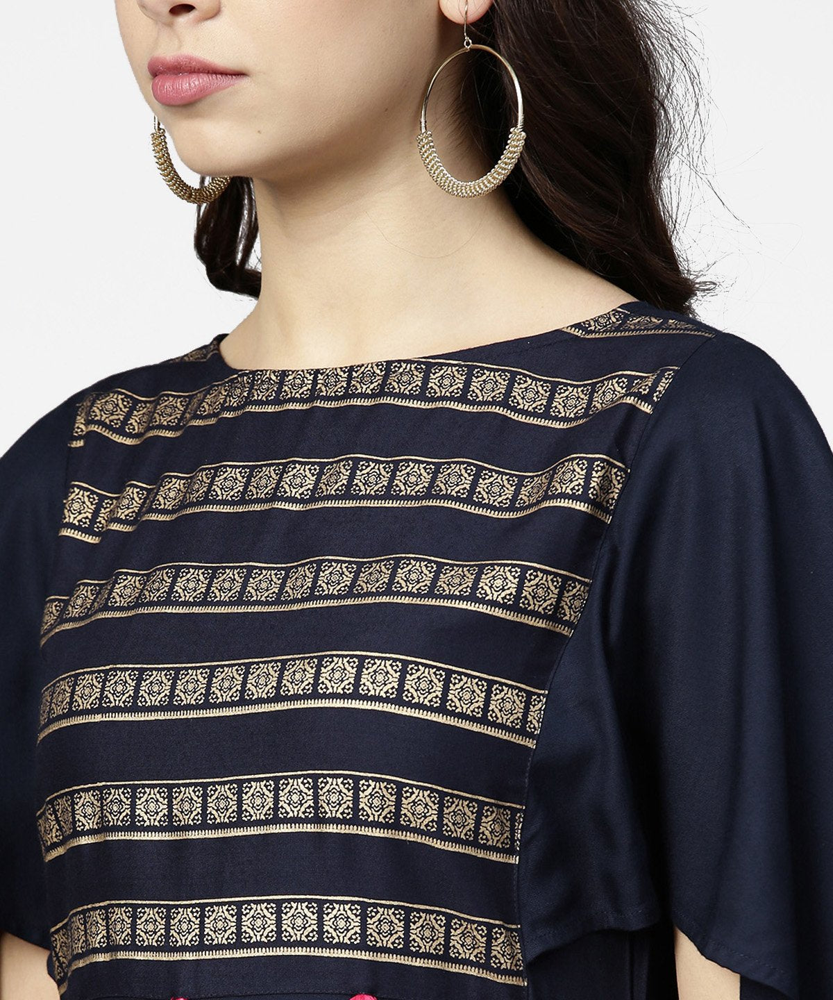 Women's Navy Blue Yoke Printed 3/4Th Sleeve Cotton Yoke Printed Kurta With Ankle Length Palazzo