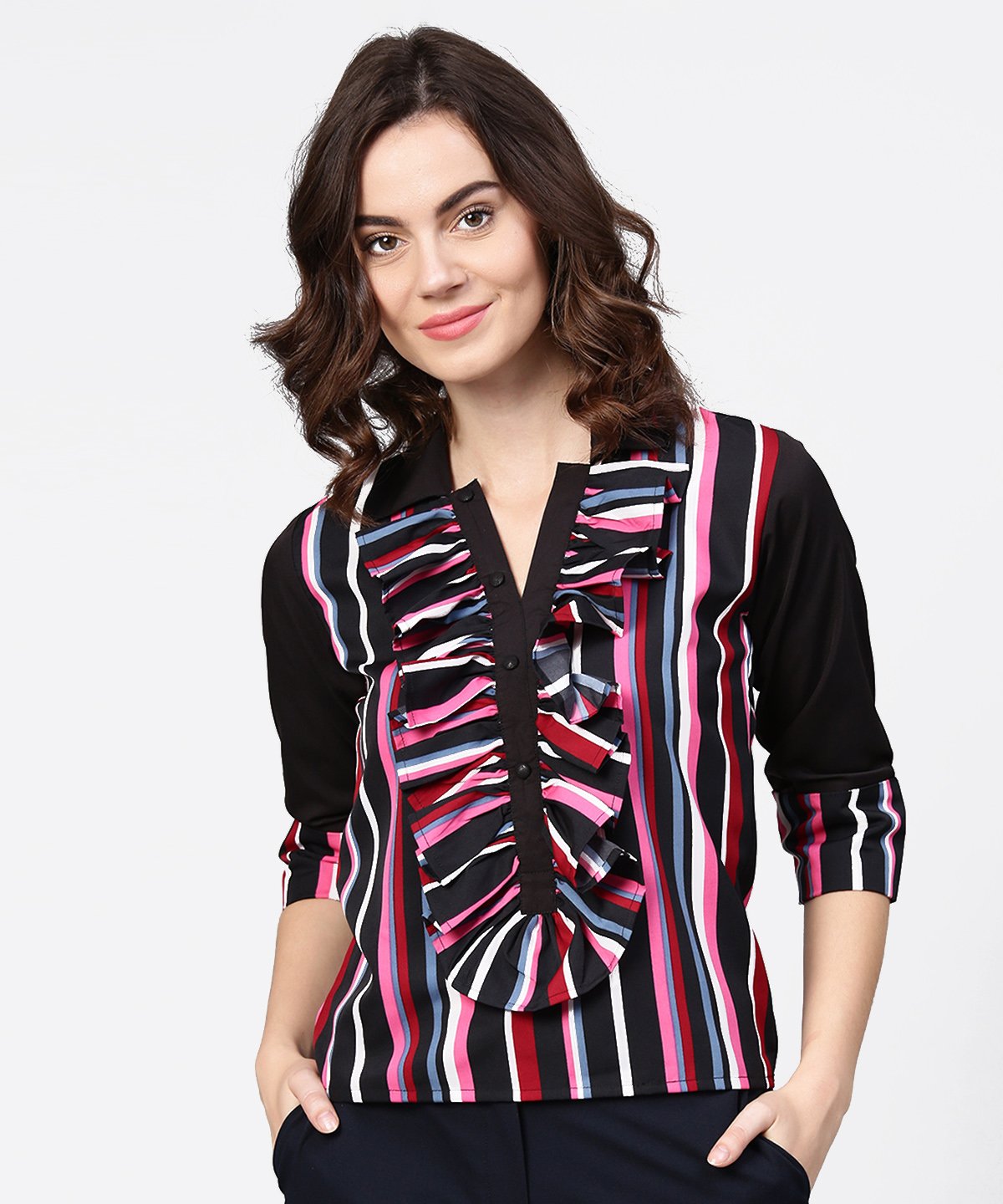 Women's Black Striped Full Sleeve Crepe Tops