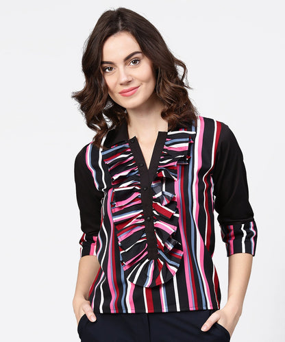 Women's Black Striped Full Sleeve Crepe Tops