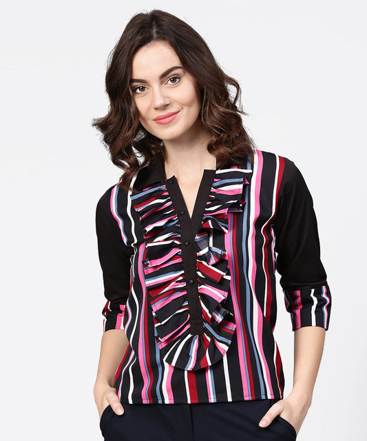Women's Black Striped Full Sleeve Crepe Tops