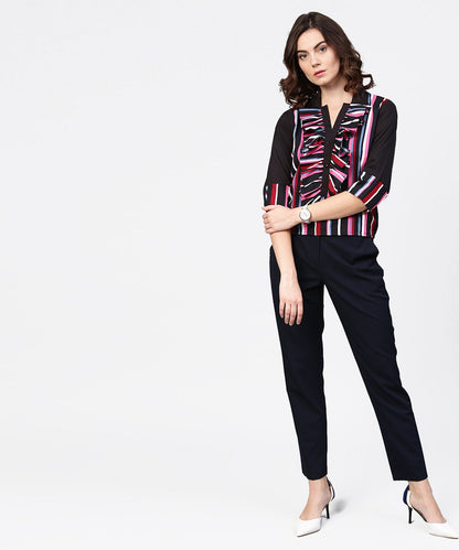 Women's Black Striped Full Sleeve Crepe Tops