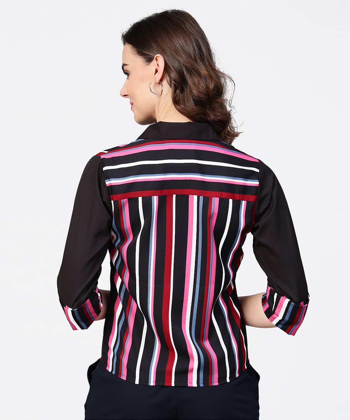 Women's Black Striped Full Sleeve Crepe Tops