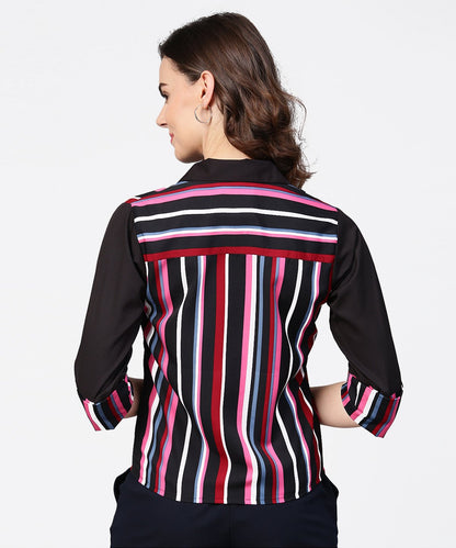 Women's Black Striped Full Sleeve Crepe Tops