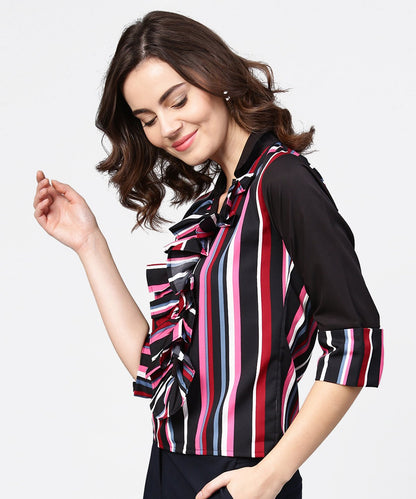 Women's Black Striped Full Sleeve Crepe Tops