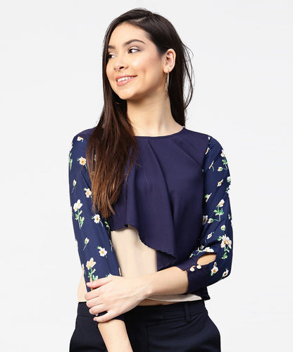 Women's Blue Full Sleeve Assymetric Layered Crepe Tops