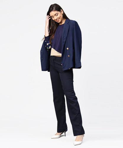 Women's Blue Full Sleeve Assymetric Layered Crepe Tops