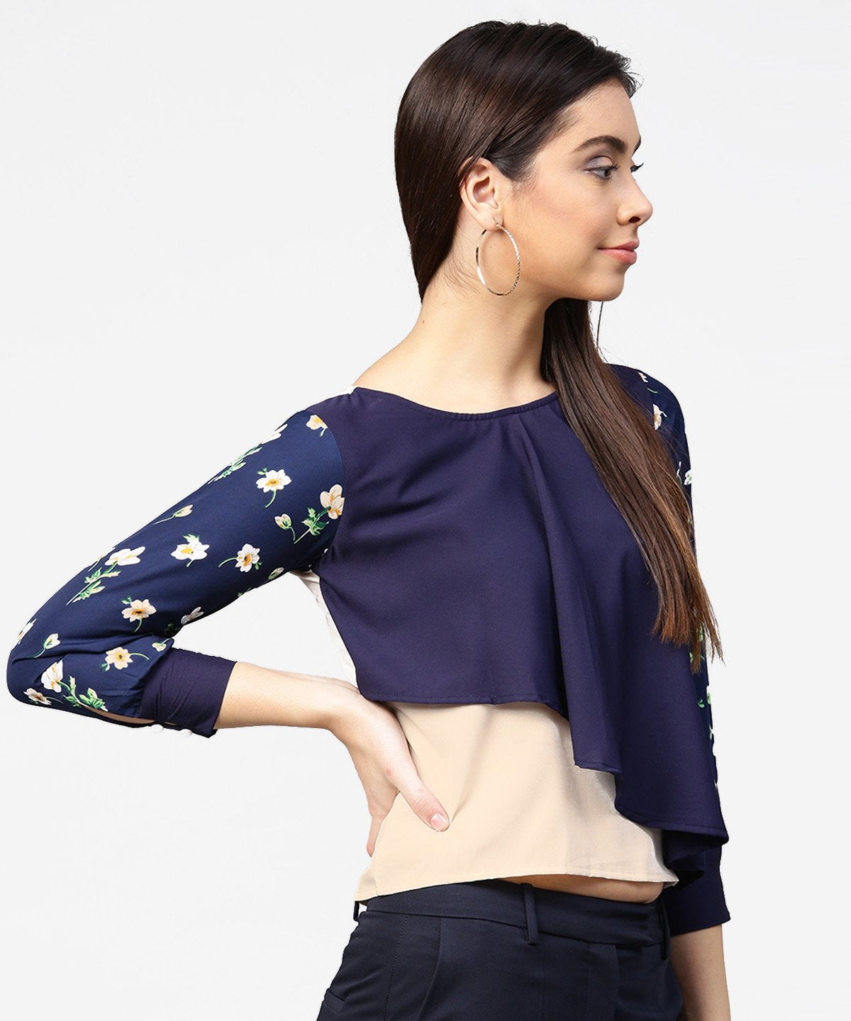 Women's Blue Full Sleeve Assymetric Layered Crepe Tops