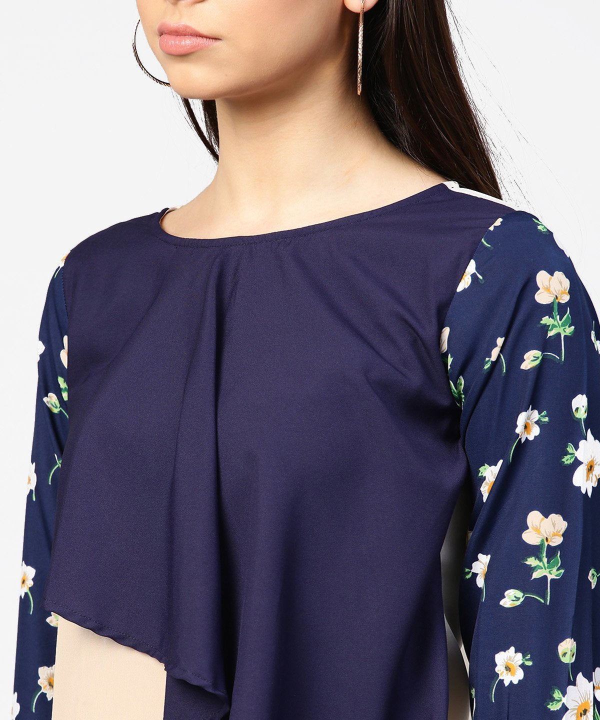 Women's Blue Full Sleeve Assymetric Layered Crepe Tops
