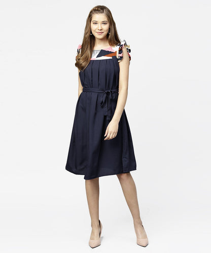 Women's Navy Blue Yoke Printed A-Line Pleated Dress With Belt