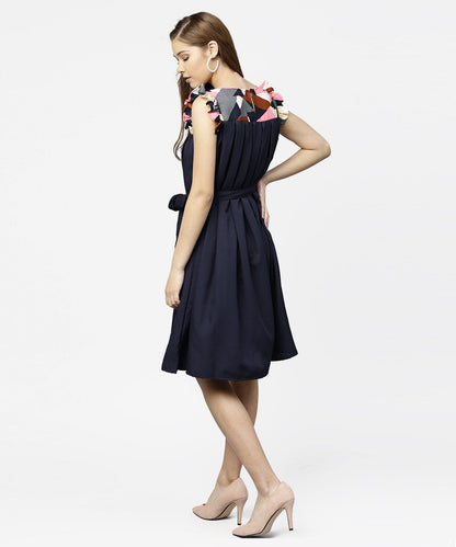 Women's Navy Blue Yoke Printed A-Line Pleated Dress With Belt