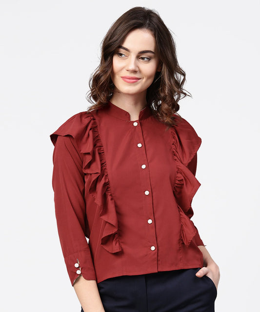 Women's Maroon Full Sleeve Crepe Tops With Layred Design At Front