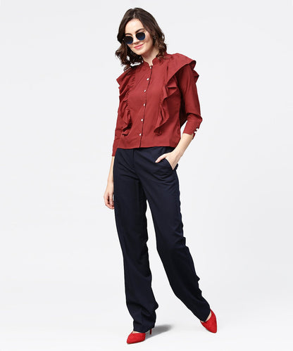 Women's Maroon Full Sleeve Crepe Tops With Layred Design At Front