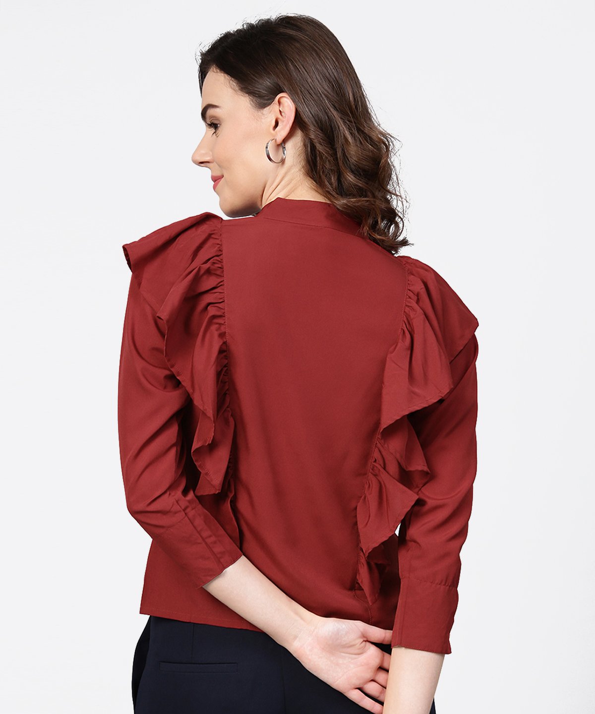 Women's Maroon Full Sleeve Crepe Tops With Layred Design At Front