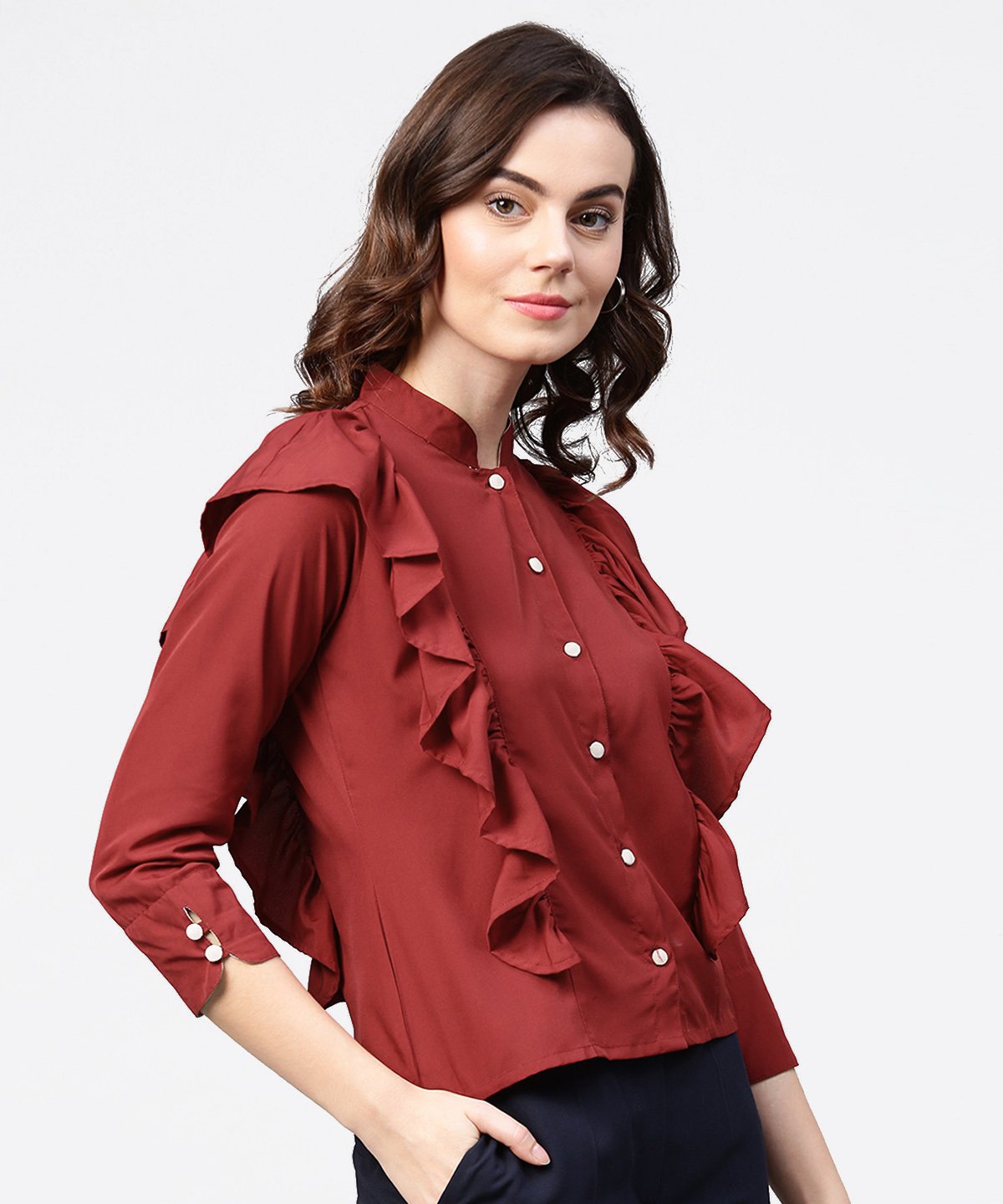 Women's Maroon Full Sleeve Crepe Tops With Layred Design At Front