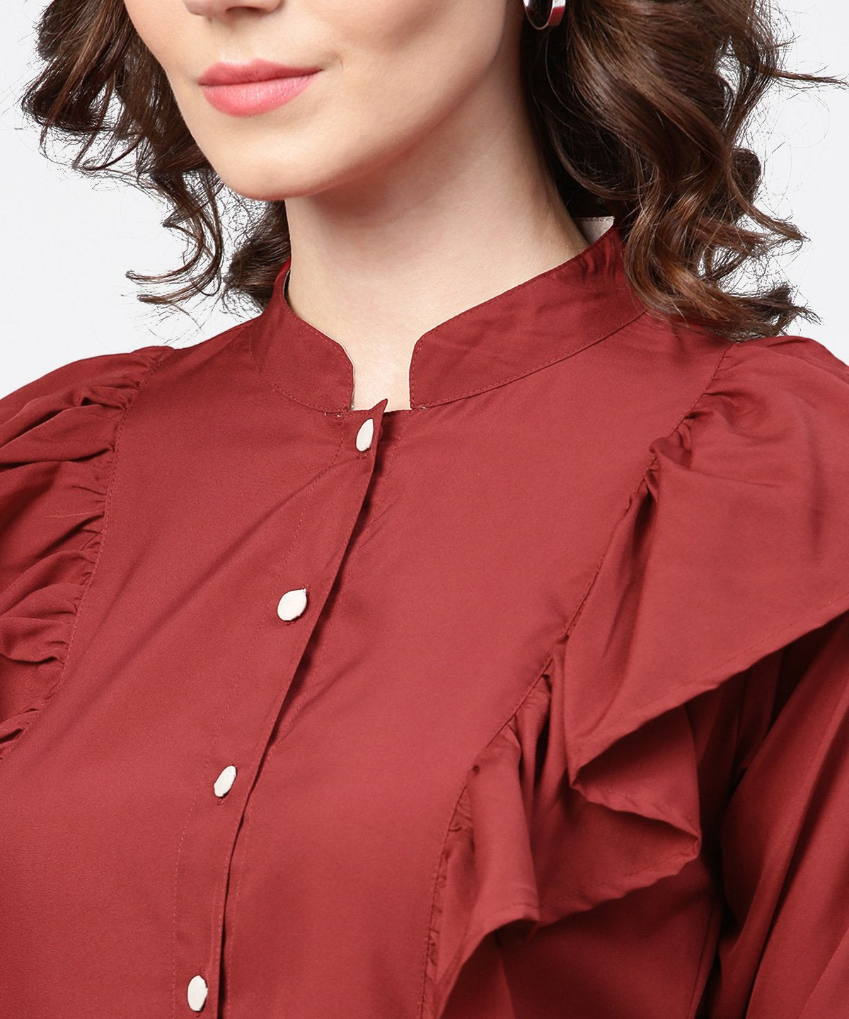 Women's Maroon Full Sleeve Crepe Tops With Layred Design At Front