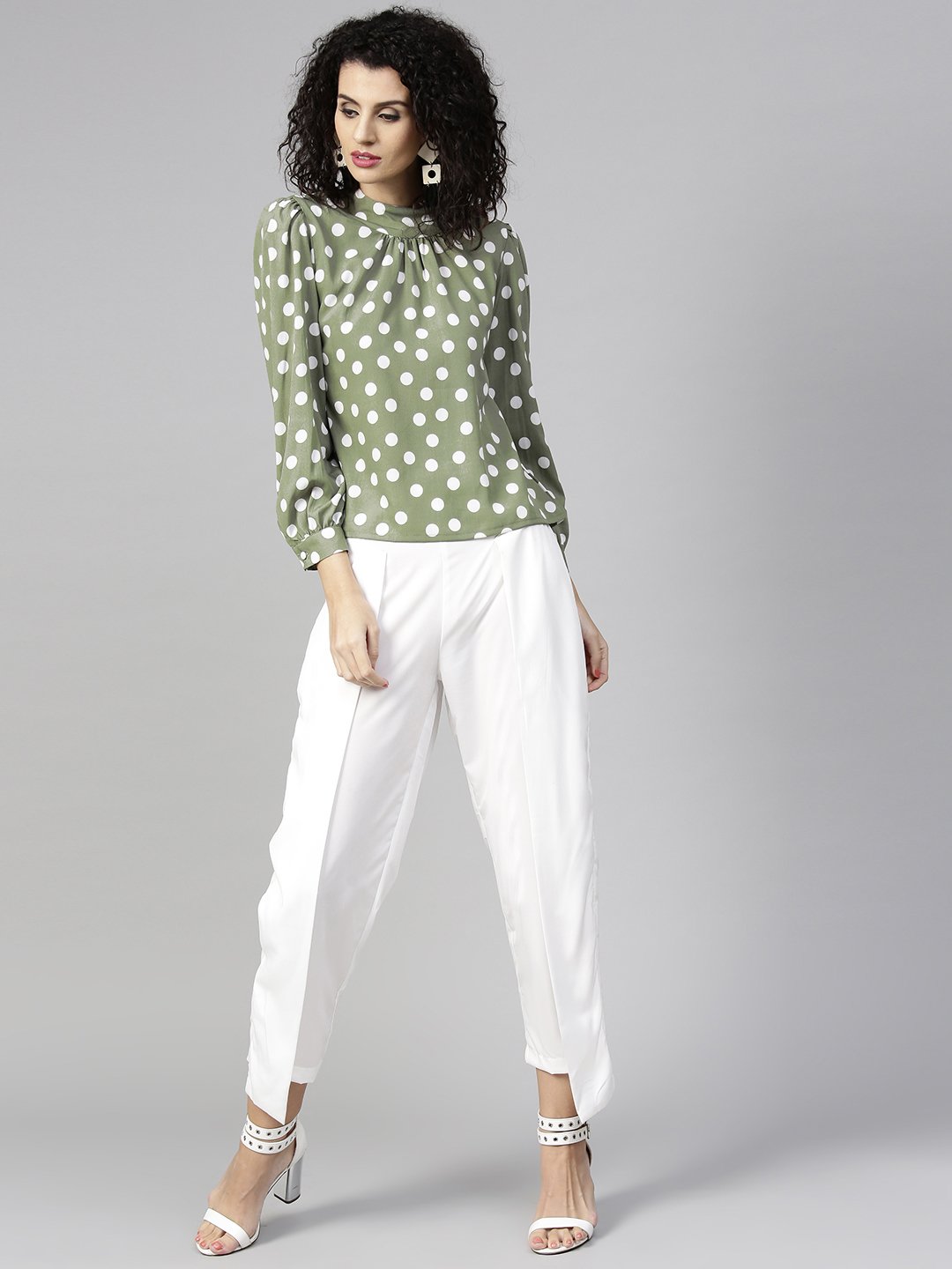 Women's Olive Green & White Printed Top With Trousers