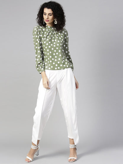 Women's Olive Green & White Printed Top With Trousers