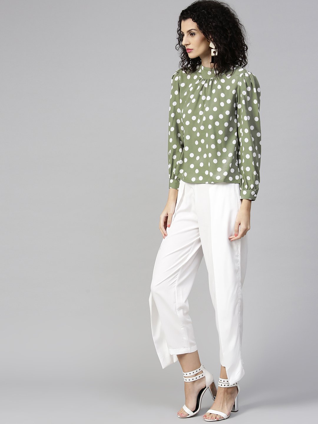 Women's Olive Green & White Printed Top With Trousers