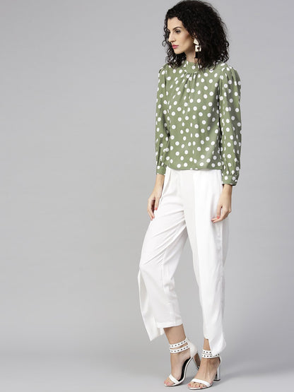 Women's Olive Green & White Printed Top With Trousers