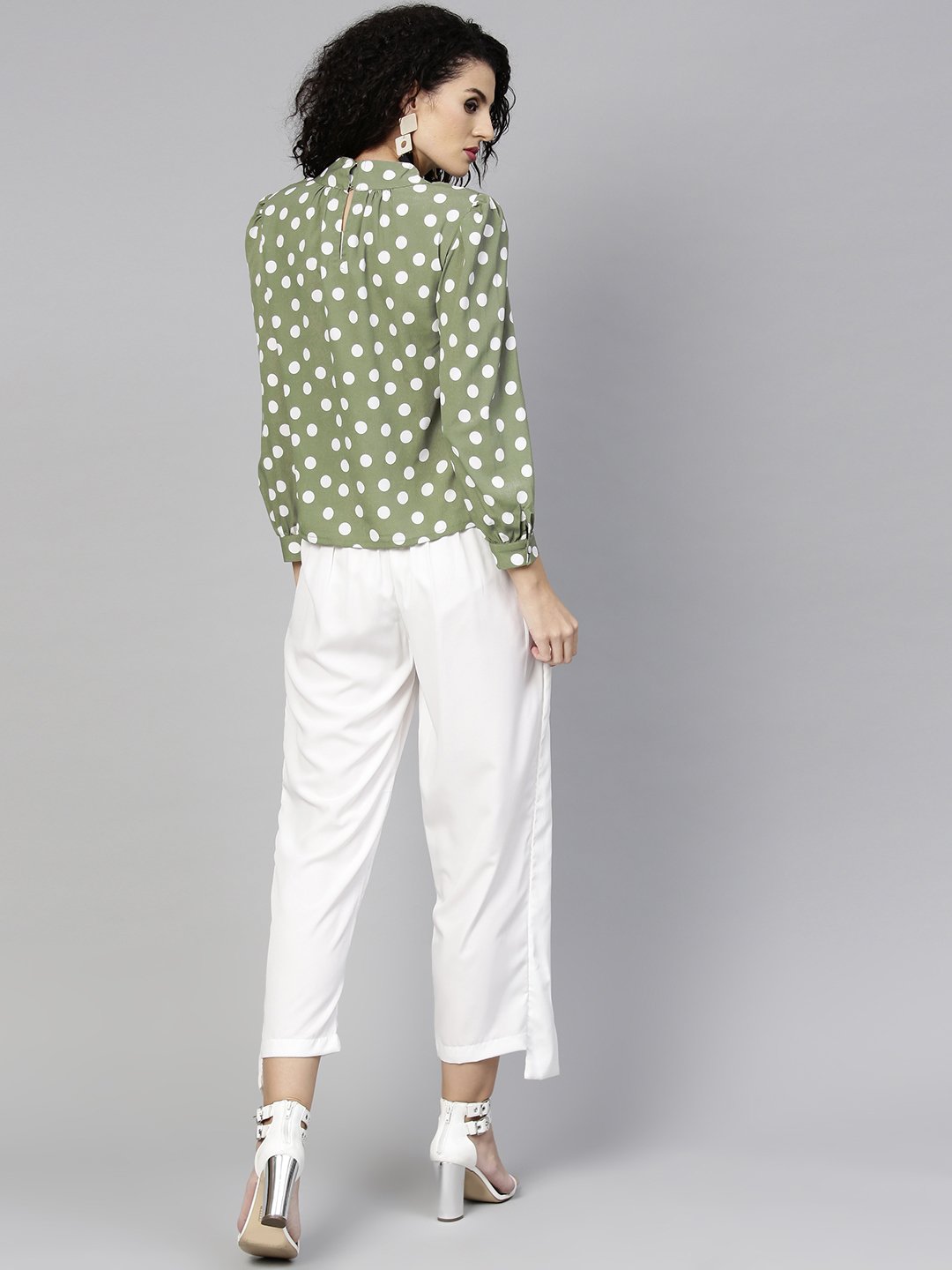 Women's Olive Green & White Printed Top With Trousers